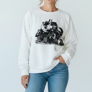 Vintage Train Locomotive Graphic Sweatshirt Railroad Enthusiast White Pullover